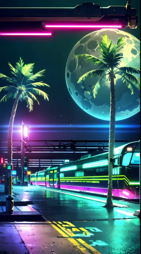 (masterpiece, detailed, high resolution:1.4), retrowave moon, train, open wet road, transformer, cyberpunk, cyberpunk 2077, cybe...