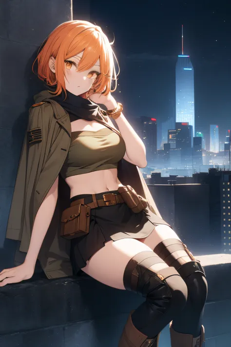 orange eyes light,richly faded light orange hair, anime 1girl, no skirt, brown military boots, pouch on the waist belt, khaki bi...