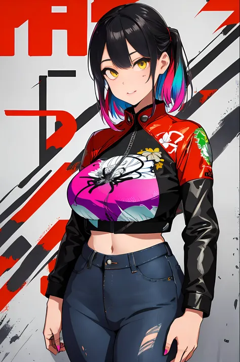 background, mixed-language_text, Japanese letters in graffit, ashley alexiss beautiful woman, long black hair, excellent lighting, sidelighting, perfect ultimate (flat color pink bubblegum gradient: 1.3), (magazine_cover: 1.4), (multicolored_background: 1....