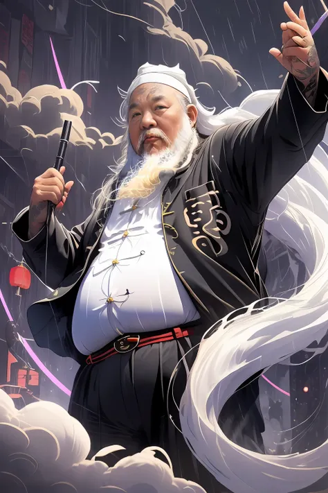 (Background bokeh1.5),(hyper realistic:1.5),(super detailed:1.5),male focus,(66 years old chinese Grandpa:1.5),(overweight:1.5),(chubby fat:1.5),,(big eyes:1.5),(white long hair:1.5),(chinese long white beard:1.5),(wrinkled skin:1.5), (tattoo:1.5),tall,bla...