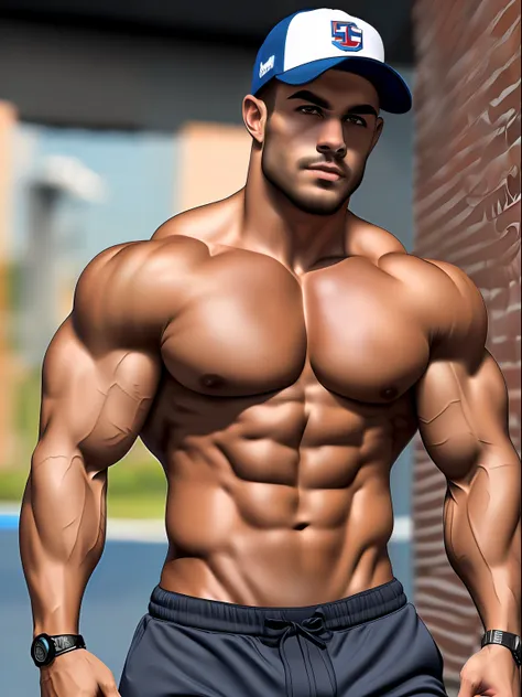 instagram photo, gymrat ((five o'oclock shadow), manscaped)), super buff and cool, short and muscular, baseball cap (highly deta...