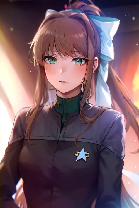 monika, green eyes, brown hair, very long hair, ponytail, hair ribbon, white ribbon wearing ds9st uniform