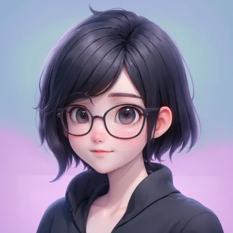 best quality, 1girl, solo, short hair, cartoon portrait , glasses, black eyes, simple background,