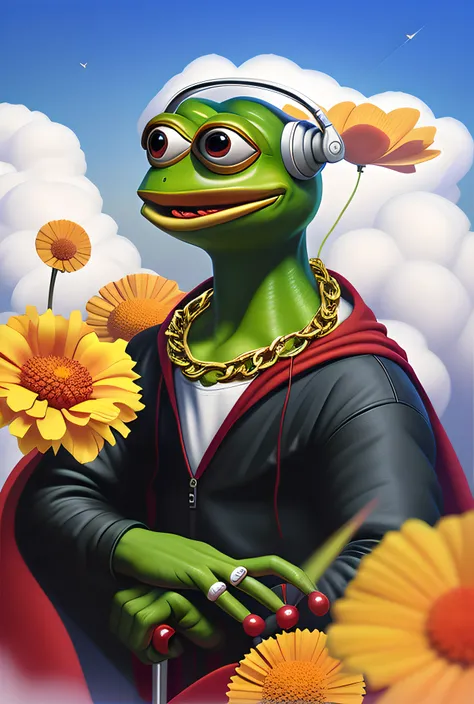 (Pepe the frog:1.0), Marigold, (red mouth:1.1), red cloak, (big cloud background:1.2), white t-shirt, (hyperrealistic:1.1), white plastic headphone, cane, shiny, glossy, more details, (by Zdzislaw Beksinski:0.6), (Max Kostenko:0.6), cg, digital painting