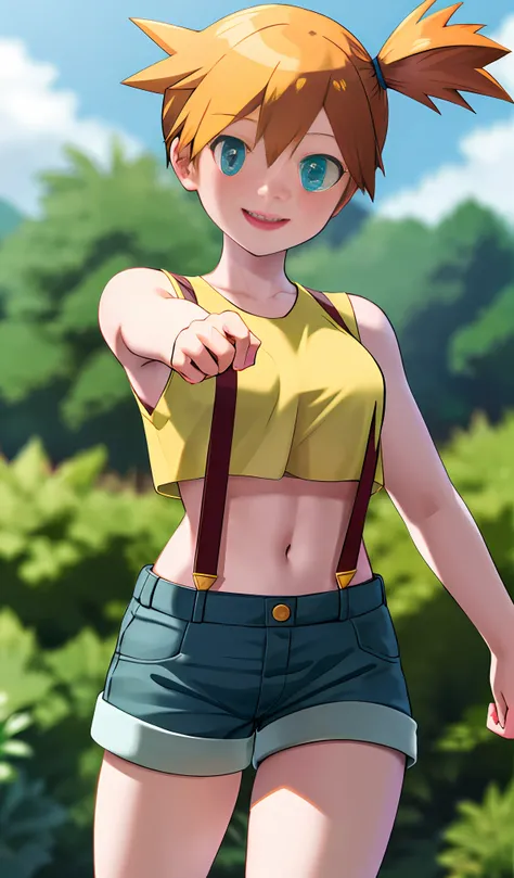masterpiece, best quality, highres, 1girl, misty (pokemon), showing, orange hair, solo, pantys, suspenders, side ponytail, orange hair, midriff, no top, navel, short hair, denim, denim shorts, smile, cowboy shot, standing, outdoors,