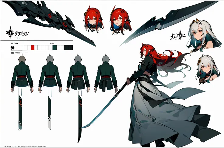 ((masterpiece)),(((best quality))),((character design sheet,same character,front,side,back)),illustration,1 male,long hair,hair on eyes,beautiful eyes,environment Scene change, pose too, male long red hair, white biker jacket, holding a scythe, charturnbet...