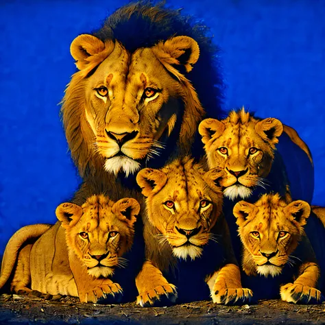 lion family with cubs black background