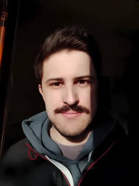 there is a man with a mustache and a hoodie posing for a picture, twitch streamer / gamer ludwig, thin moustache, with mustache,...