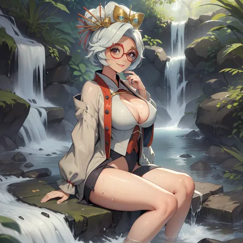 masterpiece, best quality, pura, red glasses, hair decoration, looking at the viewer, smile, girl, solo, big breasts, voluminous breasts, lush breasts, naked, shin, feet, whole body, lab white coat on naked body, waterfalls, sitting in water, wet clothes, ...