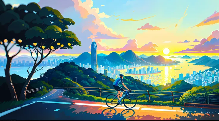 (bike: 1.5), (realistic bike: 1.5), (realistic cyclist: 1.5), back cyclist, brazil, rio de janeiro, corcovado, sunset, landscape...