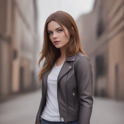 beautiful woman, blue eyes, straight brown hair, full lips, smart, wearing jeans and a leather jacket. professional photography ...