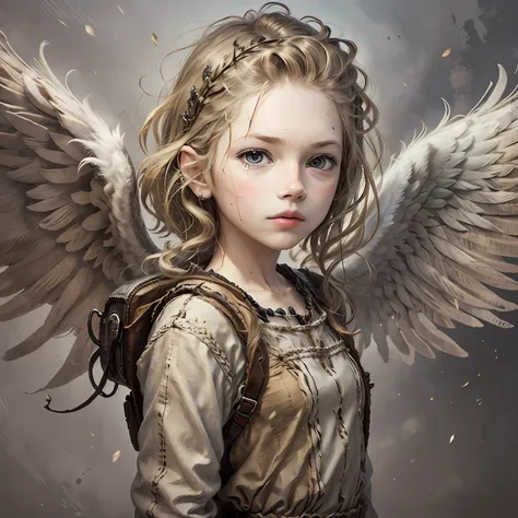 face of a child in front, with angel wings, realistic style,8k