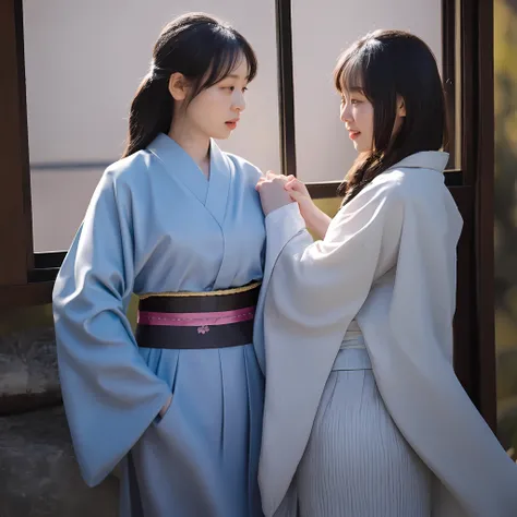 Couple of homosexual young women making love to each other, holding hands, wearing Japan traditional kimono and very thin kimono, there is a young beautiful slender girl looking out the window, she is wearing a traditional Japan kimono and is beautiful, be...