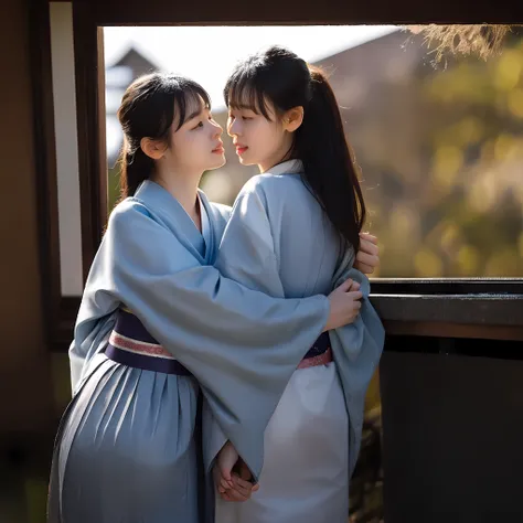Couple of homosexual young women making love to each other, holding hands, wearing Japan traditional kimono and very thin kimono, there is a young beautiful slender girl looking out the window, she is wearing a traditional Japan kimono and is beautiful, be...