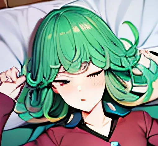 drawing of a woman in a bed, tatsumaki, bedroom, sleeping woman, beautiful, tender, eyes well made, hands well made, anime girl ...