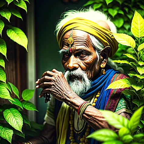 elderly indian with plants and herbs --auto