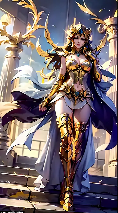 (Best quality: 1.3), (Masterpiece: 1.3), (Realistic: 1.4), (Detail: 1.1), Perfect asian beautiful girl, beautiful eyes, moist lips, long tan hair, slightly curly, smiling, master masterpiece, full of details, (Asian beauty face), wearing gold holy robe, an...