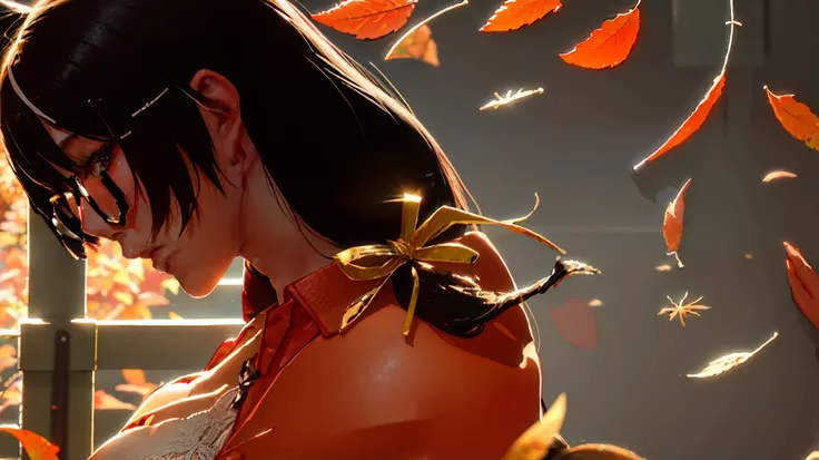 (Masterpiece, Excellent, 1girl, solo, complex details, color difference), realism, ((medium breath)), big breasts, sexy, Hanekawa tsubasa, long pony tail black hair, orange headdress, orange highlight, hair above one eye, brown eyes, glazed eyes, glasses, ...