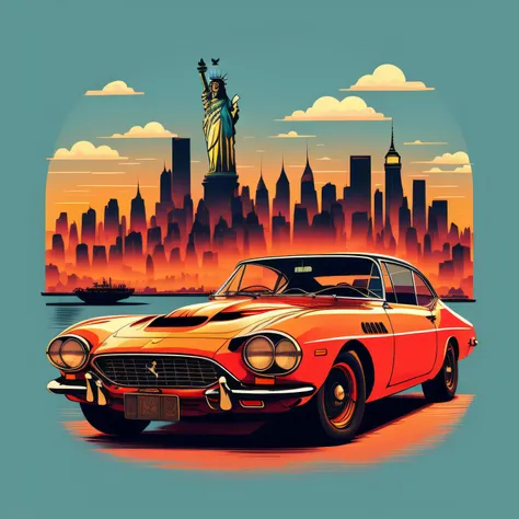 i would like a unique t-shirt design featuring a classic ferrari in the backdrop of new york city.the illustration should showca...