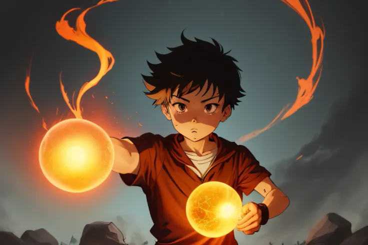 cartoon of a boy holding a glowing sphere, he is casting a lighting spell, inspired by un'ichi hiratsuka, in an anime style, wie...