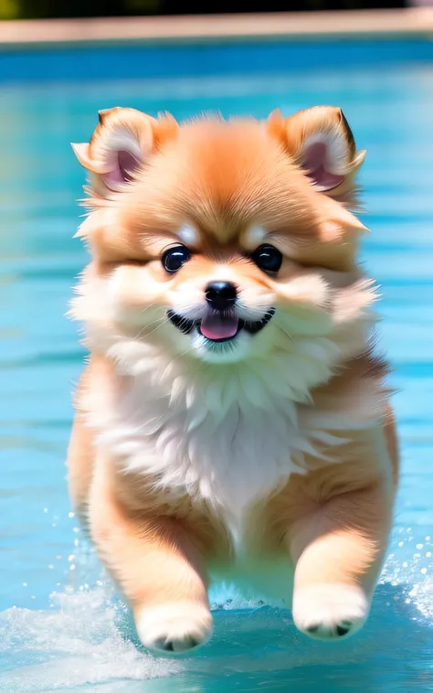 hyper quality,cute two pomeranian puppies,different body colors,swimming in the pool,barking,narrow eyes,smile,eos r3 28mm