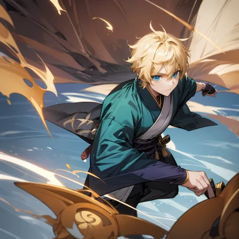 a blond boy, blue eyes, thin, blue traditional japanese dress, with a katana, short hair, between a wind current, anime style, 2...