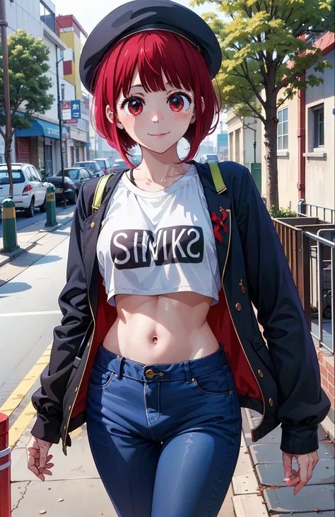 1girl, arima kana, hat, blue headwear, beret, blunt bangs, jacket, short jeans pants, short pants, crop top, show stomach, city ...