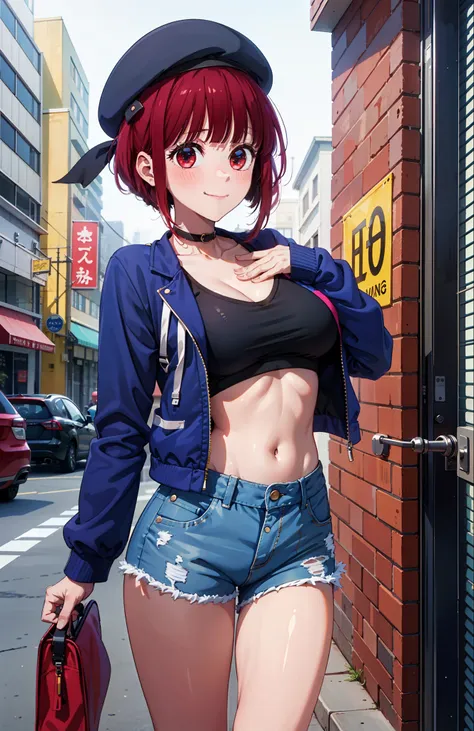 1girl, arima kana, hat, blue headwear, beret, blunt bangs, jacket, short jeans pants, short pants, crop top, show stomach, city ...