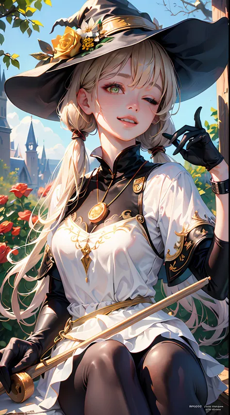 (RAW photo:1.2), (photorealistic:1.4),(masterpiece:1.3),(best quality:1.4),ultra high res ,HDR,8k resolution, solo focus, (bangs:1.1), skin tight, (shiny skin),(slender girl) , black clothes, black cat, full-length picture , beautiful castle, ((one eye clo...