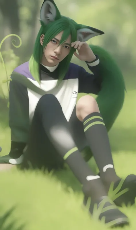 Long-eared boy sitting in the grass, super long ears on his head, green fox tail behind him, handsome boy from Genshin Impact, handsome boy, gorgeous costume, metal accessories on the side of his clothes, white canvas shoes, purple collar, streaked hair, m...