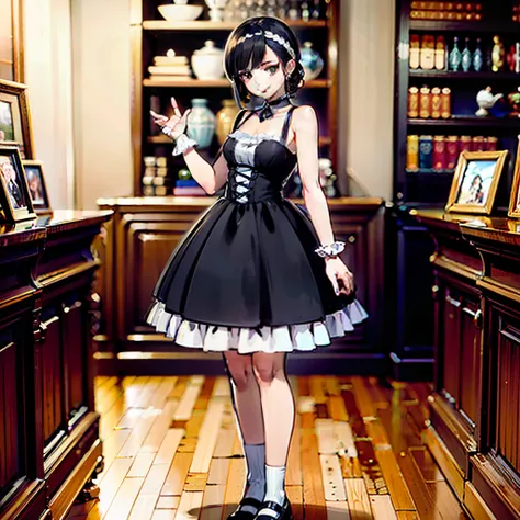 high quality, extremely detailed, lots of image quality, display high quality, beautiful young girl, young girl 16 years, girl 16 years, full body image, full body girl, goth girl, girl with short hair, short hair up to neck, curly hair, black hair, hair w...