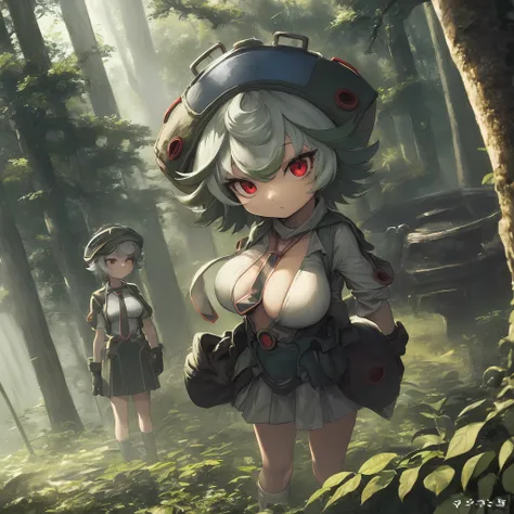 masterpiece, best quality, finely detailed, 1girl, (bishoujo), cute, (eyelashes), (large breasts), (neckline), (open shirt),forest,1girl, prushka, short hair, multicolored hair, red eyes,short skirt, gloves, tie, standing, sexy,loli,hat,