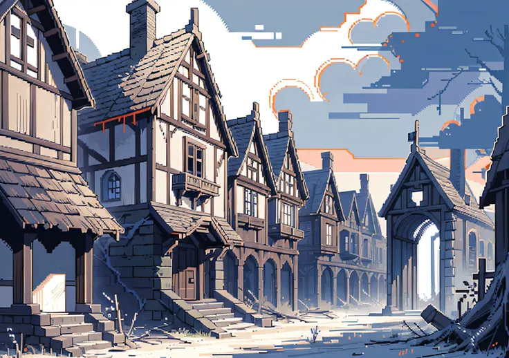 (gothic village), (pixel) (pixel art) (pixel style) crumbling architecture, dead vines cling to stone, pixel art, horror, villag...