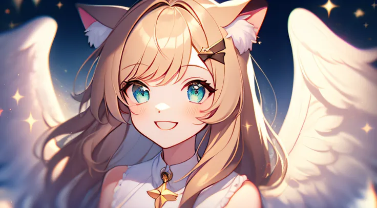 beautiful girl cat ears, smile, beautiful twinkle, symmetrical angel wings