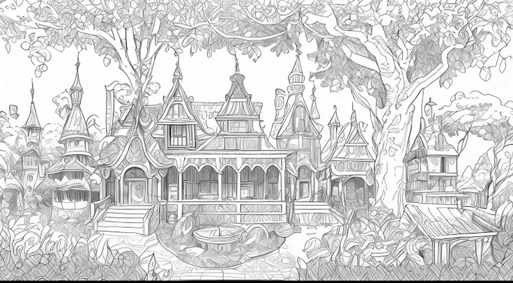 a drawing of a house with a garden, trees, animals, intricate detailed garden, highly detailed linework, extremely detailed line...