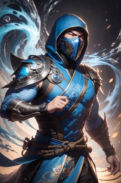 1man, portrait of mksubzero , kuai liang, group of ninjas in the background, glowing blue eyes, ice, blue and black suit, bare a...