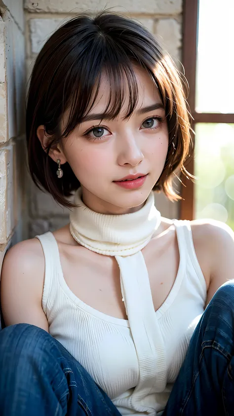 Top Quality, Masterpiece, Ultra High Resolution, (Realistic, : 1.4), Original Photo, (True Skin Texture: 1.3), (Film Grain: 1.3), Panorama, Portrait, Very Wide Lens, Narrow Waist, Denim Lens, (Bangs, Inconspicuous, Cold Light), Up Close, Tears, Short Hair,...
