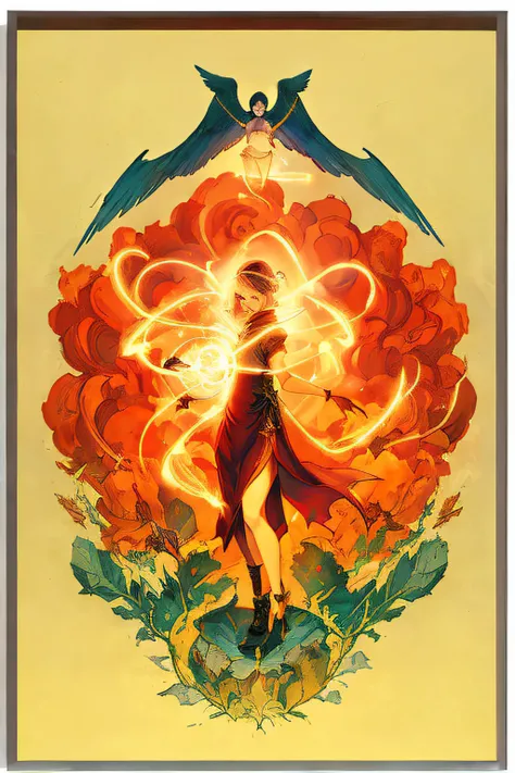 (((high quality))), artwork, amazing illustration, with magical powers in the hands,(1 angel), blue wings, explosion, mystical environment.