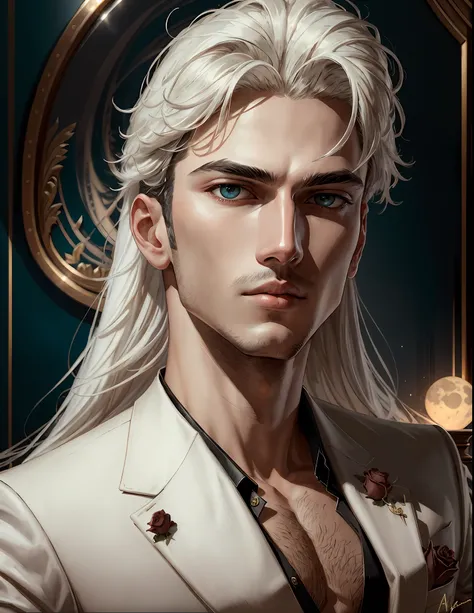 masterpiece, highest quality, (solo focus), (perfect face:1.1), (high detail:1.1),dramatic, 1guy, (pale skin), long white hair, white eyes, [light eyebrows], solo, long hair, moon, night, white luxury suit, covered navel, pouty lips, (beauty marks),  palac...
