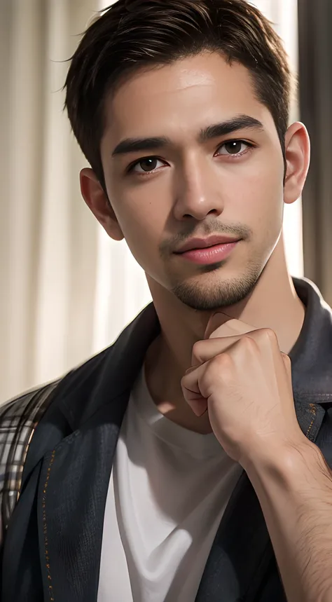 Asian brown hair handsome muscular man who looks like Chris Redfield of Resident Evil, mischievous smile, (small details: 1 in 1), natural muscles, higher quality, beautiful eye, (Detailed face and eyes), (face、: 1 of 2), noise, real pictures、... ...PSD, S...