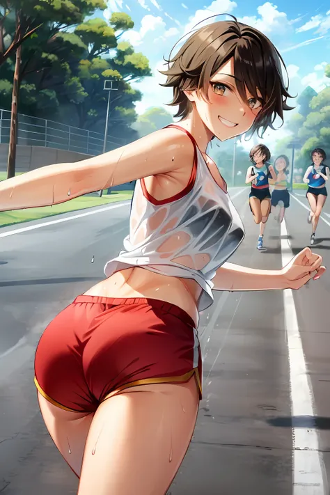 masterpiece, sweat, soaked, golden hair, short hair, brown eyes, best quality, hi-res, solo, short hair, look at the viewer, wicked smile, ass facing you, running action and elegance, red gymnastics shorts, red hot pants, wet pants, white running shirt, we...
