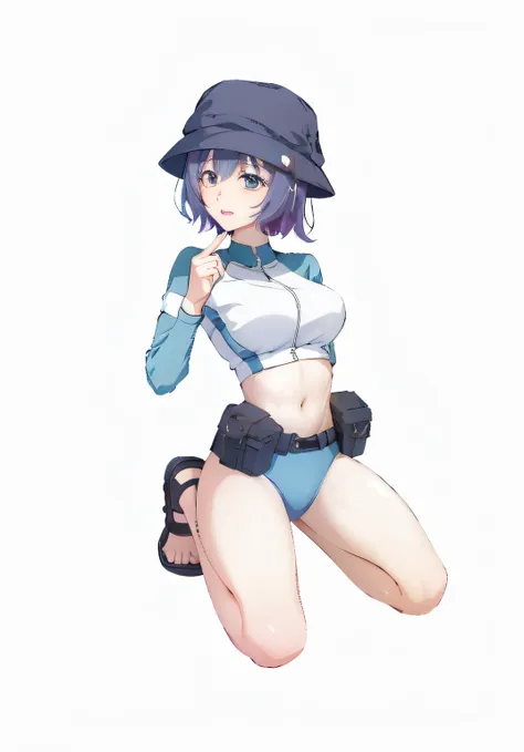 anime girl in a blue and white top and black shorts, kantai collection style, thicc, anime moe artstyle, various pose, seductive...