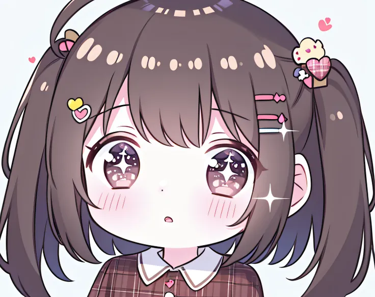 round image, caizi touxiang, 1girl, heart, solo, hair ornament, virtual youtuber, symbol-shaped pupils, ahoge, brown hair, heart...