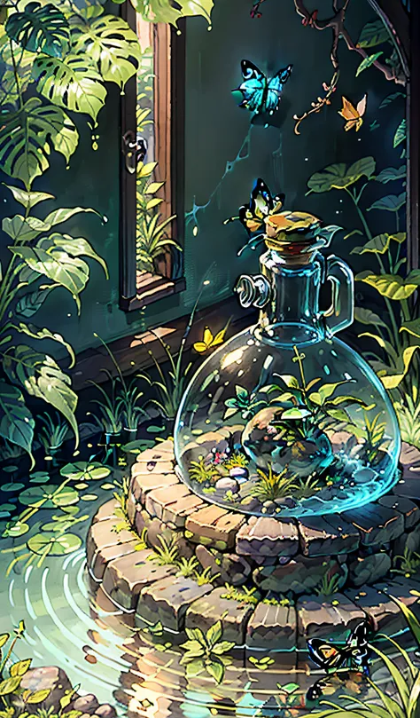 (masterpiece, best quality:1.2), (ultra detailed),(illustration), wallpaper, original, round-bottom flask, grass, vine, water, b...