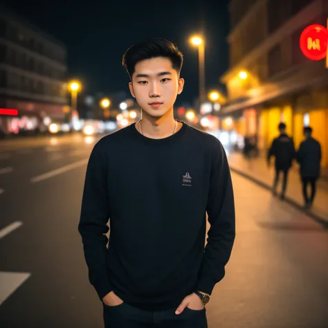 raw photo, a portrait photo of 25 y.o man in casual clothes, night, city street, (high detailed skin:1.2), 8k uhd, dslr, soft li...