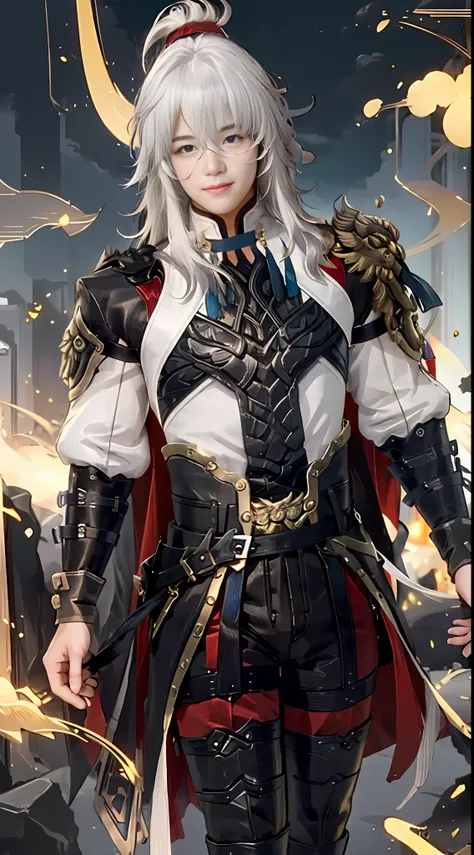 jing yuan(hsr), full body, hair over one eye, 1boy, long hair, white hair, closed mouth, solo, upper body, looking at viewer, sm...