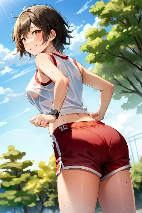 masterpiece, sweat, soaked, golden hair, short hair, brown eyes, best quality, hi-res, solo, watch viewer, wicked smile, ass facing you, running action and elegance, red gymnastics shorts, red athletic shorts, wet pants, white running shirt, wet shirt, sle...