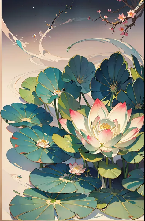 big lotus leaves, lotus flowers, ink painting style, clean colors, ink style, smudging, decisive cutting, white space, freehand,...