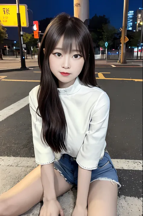 ((Midnight, Acura, 8K, Masterpiece:1.3)), Full body, Long legs, Focal length: 1.2, Perfect Body Beauty: 1.4, Slim Abs: 1.1, ((dark brown hair, )), (White skinny shirt, denim suspenders, standing: 1.2), ((City late night streets, Roof: 1.3)), Highly detaile...