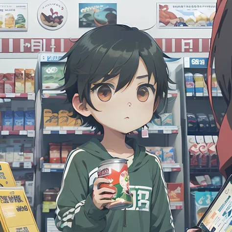 anime image of a man holding a can of food in store, convenience store, anime style, anime style, anime moe art style, stylized ...